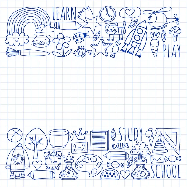 Terug naar school vector doodle set. Benodigdheden voor sport, kunst, lezen, wetenschap, aardrijkskunde, biologie, natuurkunde, wiskunde, astronomie, scheikunde. — Stockvector