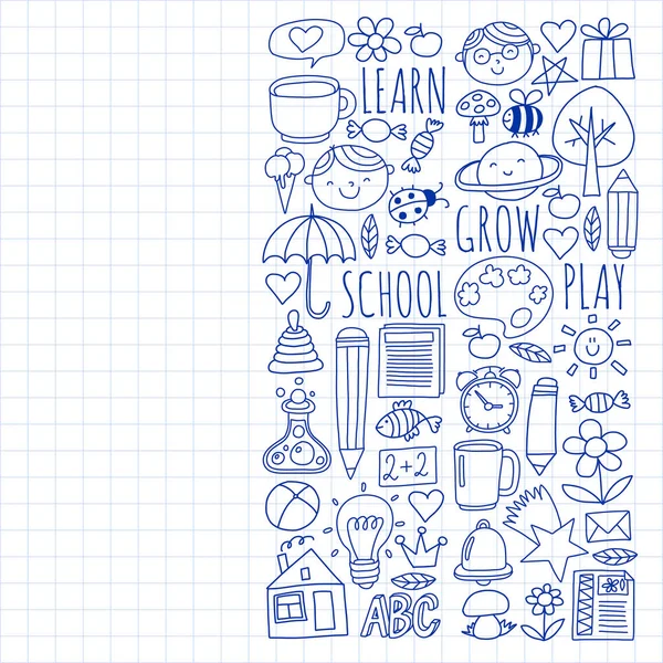 Back to School Vektor Doodle Set. Lieferungen für Sport, Kunst, Lesen, Naturwissenschaften, Geographie, Biologie, Physik, Mathematik, Astronomie, Chemie. — Stockvektor