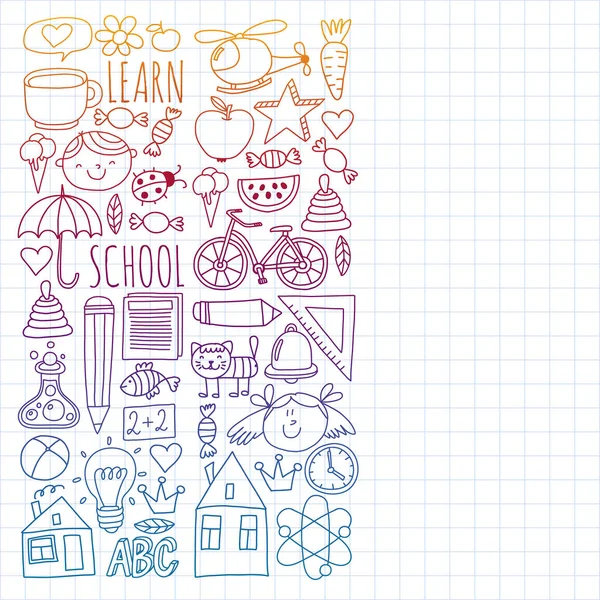De volta à escola vetor doodle set. Suprimentos para esporte, arte, leitura, ciência, geografia, biologia, física, matemática, astronomia, química. —  Vetores de Stock