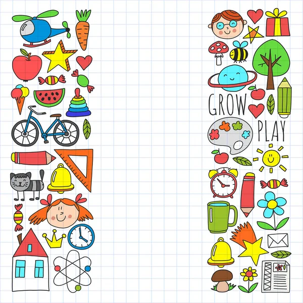 Terug naar school vector doodle set. Benodigdheden voor sport, kunst, lezen, wetenschap, aardrijkskunde, biologie, natuurkunde, wiskunde, astronomie, scheikunde. — Stockvector