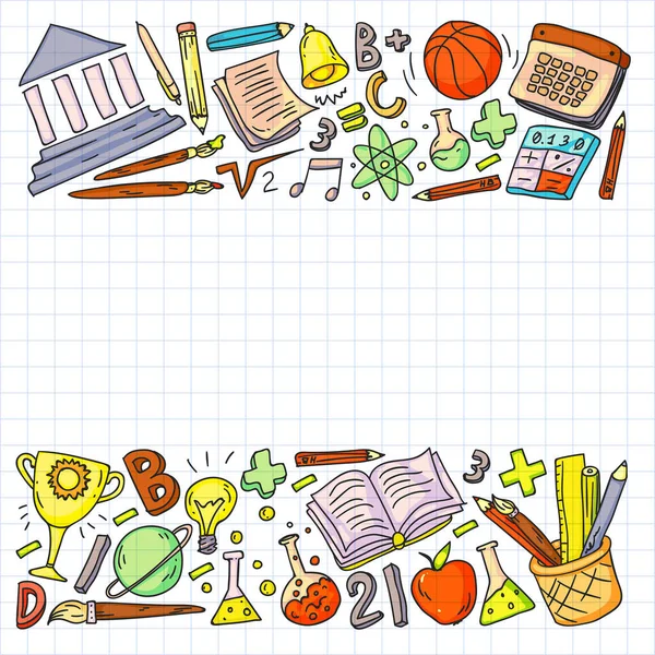 De volta à escola vetor doodle set. Suprimentos para esporte, arte, leitura, ciência, geografia, biologia, física, matemática, astronomia, química. — Vetor de Stock