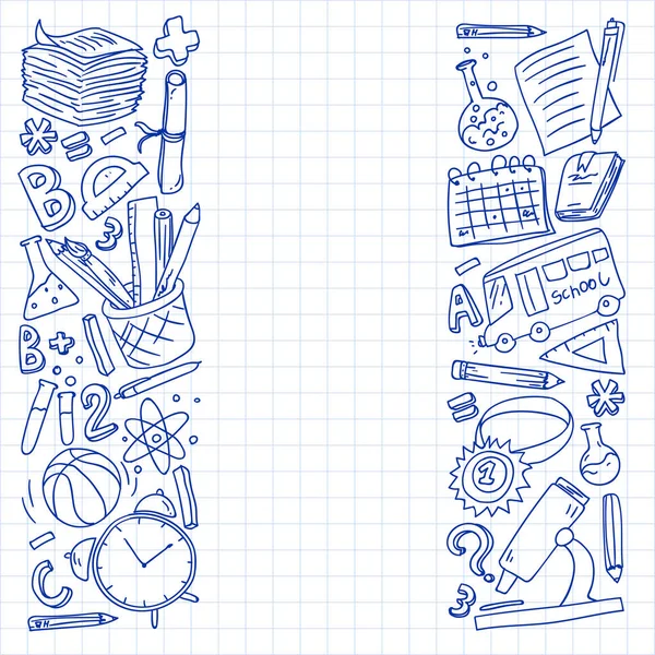 Back to School Vektor Doodle Set. Lieferungen für Sport, Kunst, Lesen, Naturwissenschaften, Geographie, Biologie, Physik, Mathematik, Astronomie, Chemie. — Stockvektor