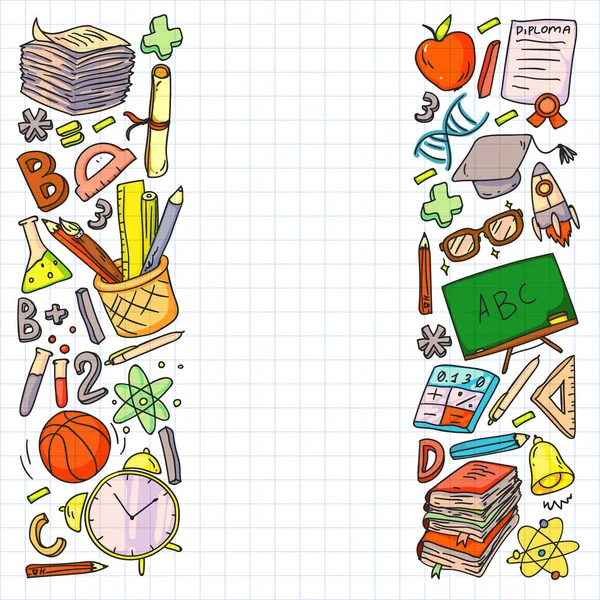 Okul vektör karalama setine geri dönüyoruz. Spor, sanat, okuma, bilim, coğrafya, biyoloji, fizik, matematik, astronomi, kimya.