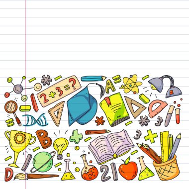 Okul vektör karalama setine geri dönüyoruz. Spor, sanat, okuma, bilim, coğrafya, biyoloji, fizik, matematik, astronomi, kimya.