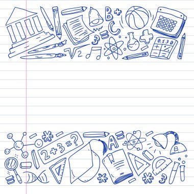 Okul vektör karalama setine geri dönüyoruz. Spor, sanat, okuma, bilim, coğrafya, biyoloji, fizik, matematik, astronomi, kimya.