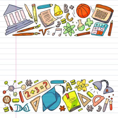 Okul vektör karalama setine geri dönüyoruz. Spor, sanat, okuma, bilim, coğrafya, biyoloji, fizik, matematik, astronomi, kimya.