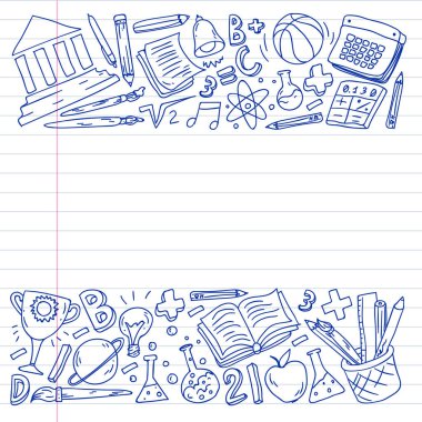 Okul vektör karalama setine geri dönüyoruz. Spor, sanat, okuma, bilim, coğrafya, biyoloji, fizik, matematik, astronomi, kimya.