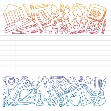 Okul vektör karalama setine geri dönüyoruz. Spor, sanat, okuma, bilim, coğrafya, biyoloji, fizik, matematik, astronomi, kimya.