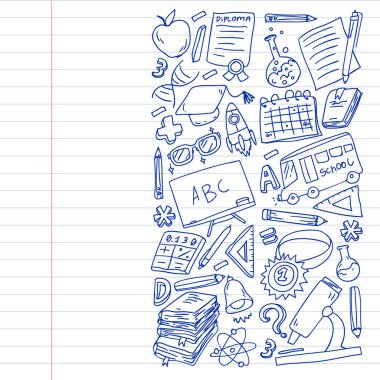 Okul vektör karalama setine geri dönüyoruz. Spor, sanat, okuma, bilim, coğrafya, biyoloji, fizik, matematik, astronomi, kimya.