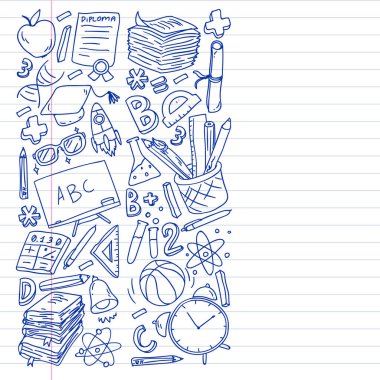 Okul vektör karalama setine geri dönüyoruz. Spor, sanat, okuma, bilim, coğrafya, biyoloji, fizik, matematik, astronomi, kimya.