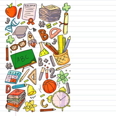 Okul vektör karalama setine geri dönüyoruz. Spor, sanat, okuma, bilim, coğrafya, biyoloji, fizik, matematik, astronomi, kimya.