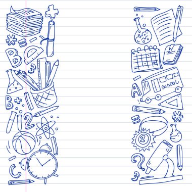 Okul vektör karalama setine geri dönüyoruz. Spor, sanat, okuma, bilim, coğrafya, biyoloji, fizik, matematik, astronomi, kimya.