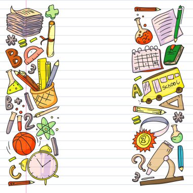 Okul vektör karalama setine geri dönüyoruz. Spor, sanat, okuma, bilim, coğrafya, biyoloji, fizik, matematik, astronomi, kimya.