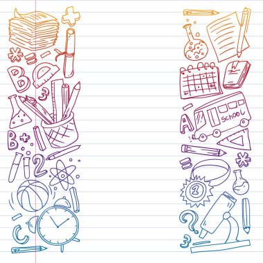 Okul vektör karalama setine geri dönüyoruz. Spor, sanat, okuma, bilim, coğrafya, biyoloji, fizik, matematik, astronomi, kimya.