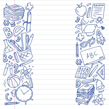 Okul vektör karalama setine geri dönüyoruz. Spor, sanat, okuma, bilim, coğrafya, biyoloji, fizik, matematik, astronomi, kimya.