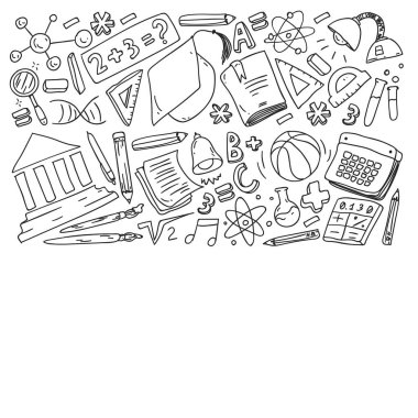 Okul vektör karalama setine geri dönüyoruz. Spor, sanat, okuma, bilim, coğrafya, biyoloji, fizik, matematik, astronomi, kimya.