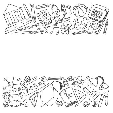 Okul vektör karalama setine geri dönüyoruz. Spor, sanat, okuma, bilim, coğrafya, biyoloji, fizik, matematik, astronomi, kimya.