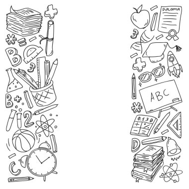 Okul vektör karalama setine geri dönüyoruz. Spor, sanat, okuma, bilim, coğrafya, biyoloji, fizik, matematik, astronomi, kimya.