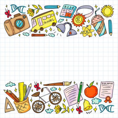 Hayal gücü ve yaratıcılık simgeleri. - Okul. Okuma, kimya, online eğitim.