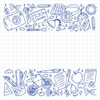 Hayal gücü ve yaratıcılık simgeleri. - Okul. Okuma, kimya, online eğitim.