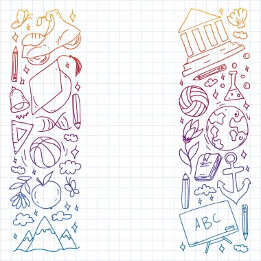 Hayal gücü ve yaratıcılık simgeleri. - Okul. Okuma, kimya, online eğitim.