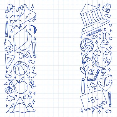 Hayal gücü ve yaratıcılık simgeleri. - Okul. Okuma, kimya, online eğitim.