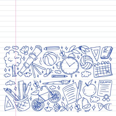 Hayal gücü ve yaratıcılık simgeleri. - Okul. Okuma, kimya, online eğitim.