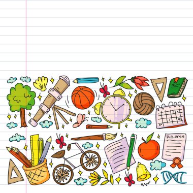 Hayal gücü ve yaratıcılık simgeleri. - Okul. Okuma, kimya, online eğitim.