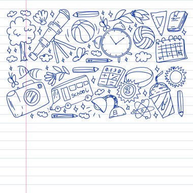 Hayal gücü ve yaratıcılık simgeleri. - Okul. Okuma, kimya, online eğitim.