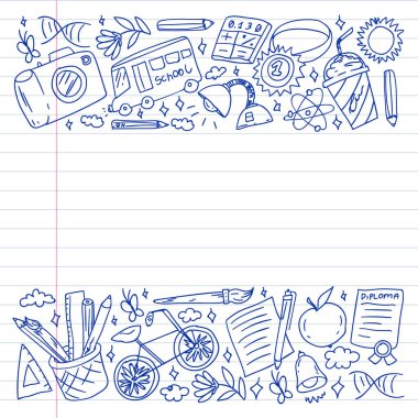 Hayal gücü ve yaratıcılık simgeleri. - Okul. Okuma, kimya, online eğitim.