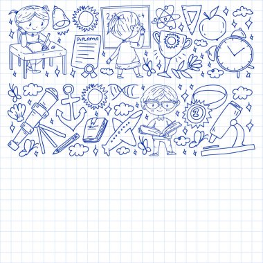 Okula dönelim. Çocuklar çevrimiçi eğitim. Kimya ve biyoloji. Coğrafya ve fizik. Yaratıcılık ve hayal gücü. E-öğrenme simgeleri.