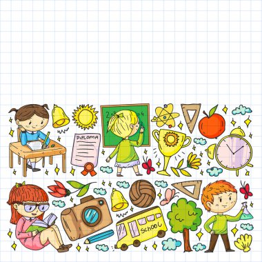 Okula dönelim. Çocuklar çevrimiçi eğitim. Kimya ve biyoloji. Coğrafya ve fizik. Yaratıcılık ve hayal gücü. E-öğrenme simgeleri.