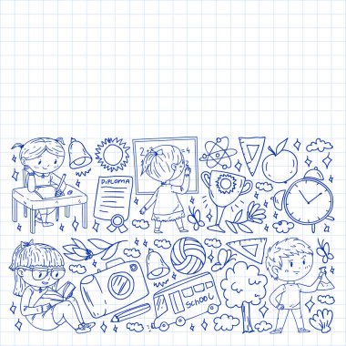 Okula dönelim. Çocuklar çevrimiçi eğitim. Kimya ve biyoloji. Coğrafya ve fizik. Yaratıcılık ve hayal gücü. E-öğrenme simgeleri.