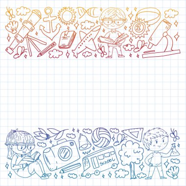 Okula dönelim. Çocuklar çevrimiçi eğitim. Kimya ve biyoloji. Coğrafya ve fizik. Yaratıcılık ve hayal gücü. E-öğrenme simgeleri.