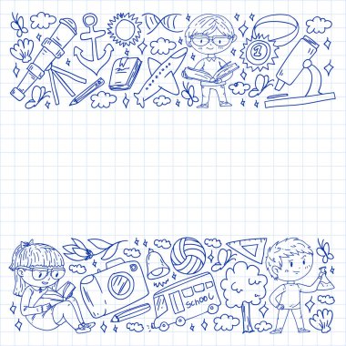 Okula dönelim. Çocuklar çevrimiçi eğitim. Kimya ve biyoloji. Coğrafya ve fizik. Yaratıcılık ve hayal gücü. E-öğrenme simgeleri.