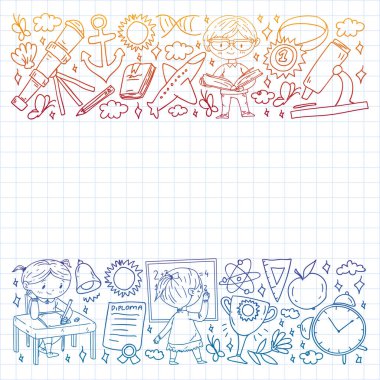 Okula dönelim. Çocuklar çevrimiçi eğitim. Kimya ve biyoloji. Coğrafya ve fizik. Yaratıcılık ve hayal gücü. E-öğrenme simgeleri.