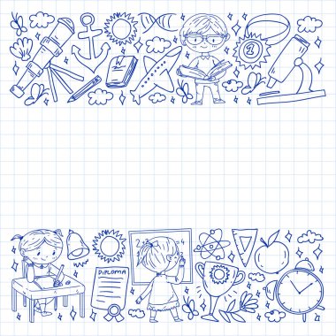 Okula dönelim. Çocuklar çevrimiçi eğitim. Kimya ve biyoloji. Coğrafya ve fizik. Yaratıcılık ve hayal gücü. E-öğrenme simgeleri.