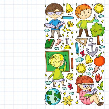 Okula dönelim. Çocuklar çevrimiçi eğitim. Kimya ve biyoloji. Coğrafya ve fizik. Yaratıcılık ve hayal gücü. E-öğrenme simgeleri.