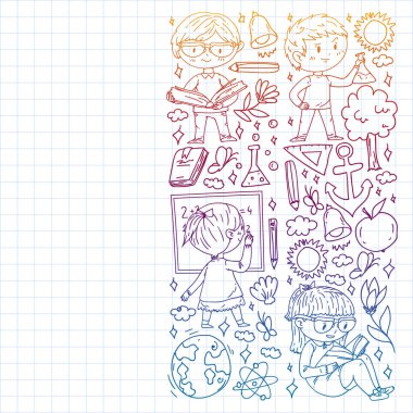 Okula dönelim. Çocuklar çevrimiçi eğitim. Kimya ve biyoloji. Coğrafya ve fizik. Yaratıcılık ve hayal gücü. E-öğrenme simgeleri.