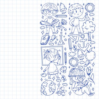 Okula dönelim. Çocuklar çevrimiçi eğitim. Kimya ve biyoloji. Coğrafya ve fizik. Yaratıcılık ve hayal gücü. E-öğrenme simgeleri.