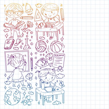 Okula dönelim. Çocuklar çevrimiçi eğitim. Kimya ve biyoloji. Coğrafya ve fizik. Yaratıcılık ve hayal gücü. E-öğrenme simgeleri.