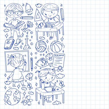 Okula dönelim. Çocuklar çevrimiçi eğitim. Kimya ve biyoloji. Coğrafya ve fizik. Yaratıcılık ve hayal gücü. E-öğrenme simgeleri.