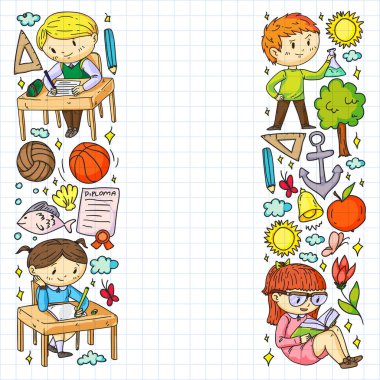 Okula dönelim. Çocuklar çevrimiçi eğitim. Kimya ve biyoloji. Coğrafya ve fizik. Yaratıcılık ve hayal gücü. E-öğrenme simgeleri.