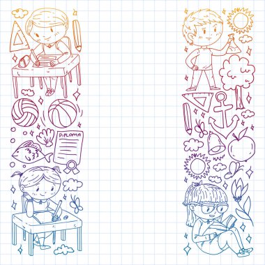 Okula dönelim. Çocuklar çevrimiçi eğitim. Kimya ve biyoloji. Coğrafya ve fizik. Yaratıcılık ve hayal gücü. E-öğrenme simgeleri.