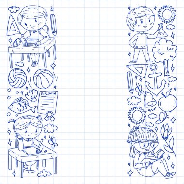 Okula dönelim. Çocuklar çevrimiçi eğitim. Kimya ve biyoloji. Coğrafya ve fizik. Yaratıcılık ve hayal gücü. E-öğrenme simgeleri.