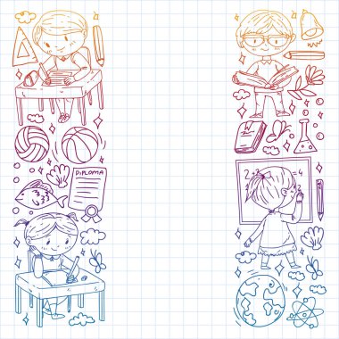 Okula dönelim. Çocuklar çevrimiçi eğitim. Kimya ve biyoloji. Coğrafya ve fizik. Yaratıcılık ve hayal gücü. E-öğrenme simgeleri.