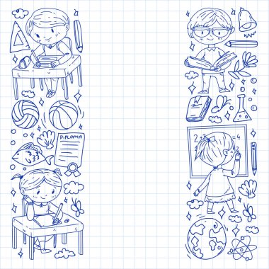 Okula dönelim. Çocuklar çevrimiçi eğitim. Kimya ve biyoloji. Coğrafya ve fizik. Yaratıcılık ve hayal gücü. E-öğrenme simgeleri.