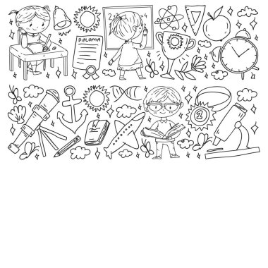 Okula dönelim. Çocuklar çevrimiçi eğitim. Kimya ve biyoloji. Coğrafya ve fizik. Yaratıcılık ve hayal gücü. E-öğrenme simgeleri.