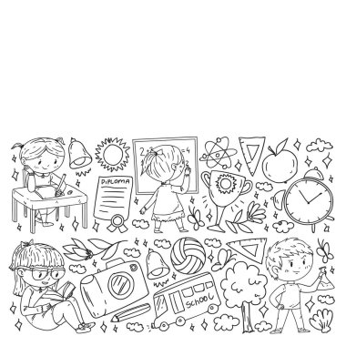 Okula dönelim. Çocuklar çevrimiçi eğitim. Kimya ve biyoloji. Coğrafya ve fizik. Yaratıcılık ve hayal gücü. E-öğrenme simgeleri.