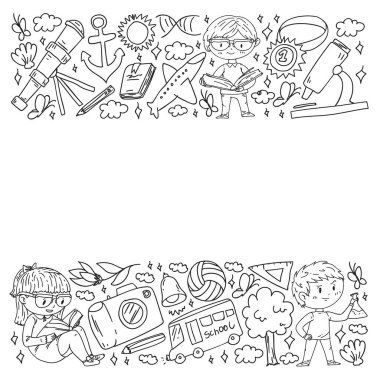 Okula dönelim. Çocuklar çevrimiçi eğitim. Kimya ve biyoloji. Coğrafya ve fizik. Yaratıcılık ve hayal gücü. E-öğrenme simgeleri.